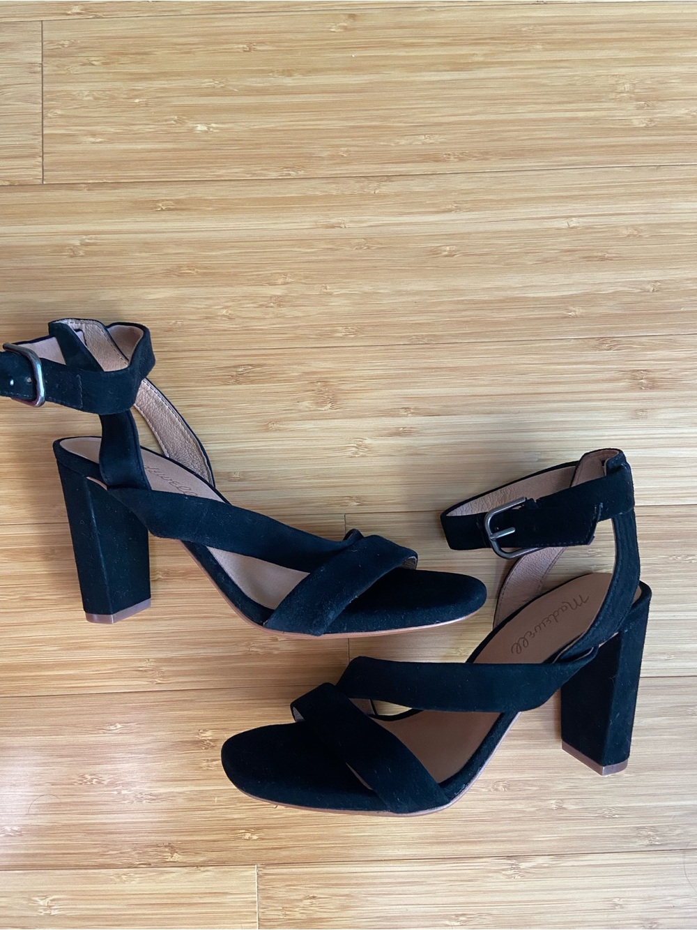 Madewell Black Suede Crisscross Block Heel Sandals with Ankle Buckle